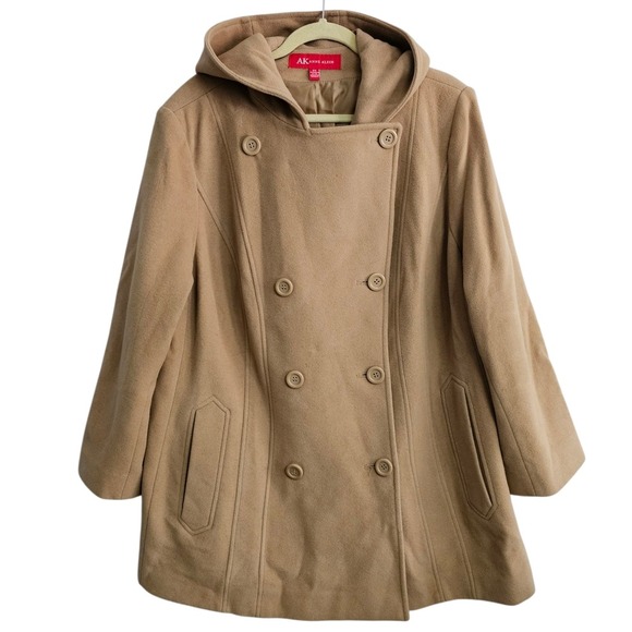 AK Anne Klein 2X Double Breasted Hooded Wool Blend Pea Coat Jacket Tan Classic ~ - Picture 1 of 13